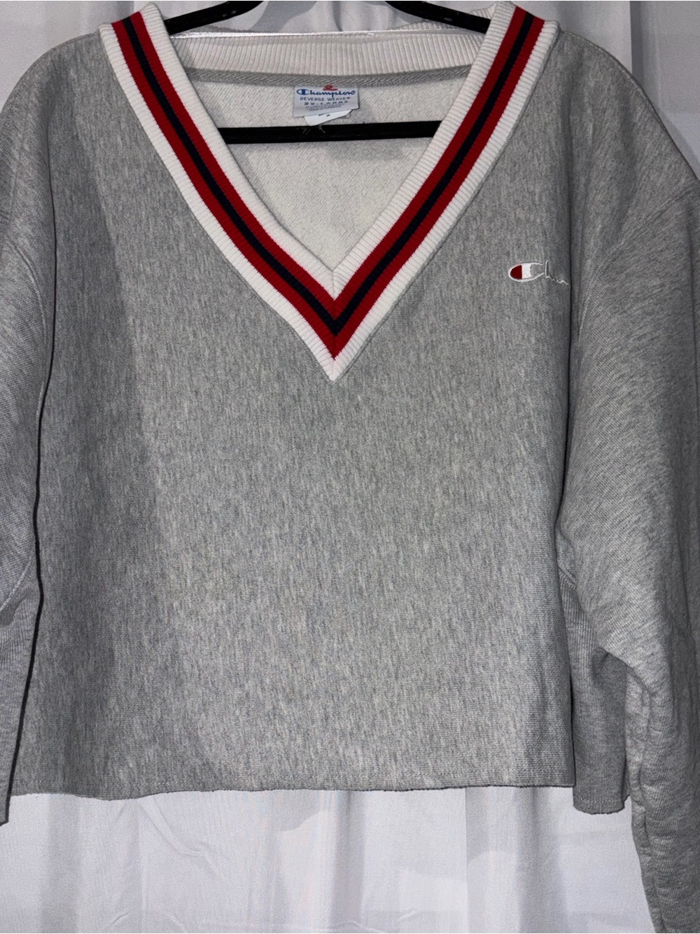 Champion Gray V‑Neck Sweatshirt with Red, Navy & White Trim